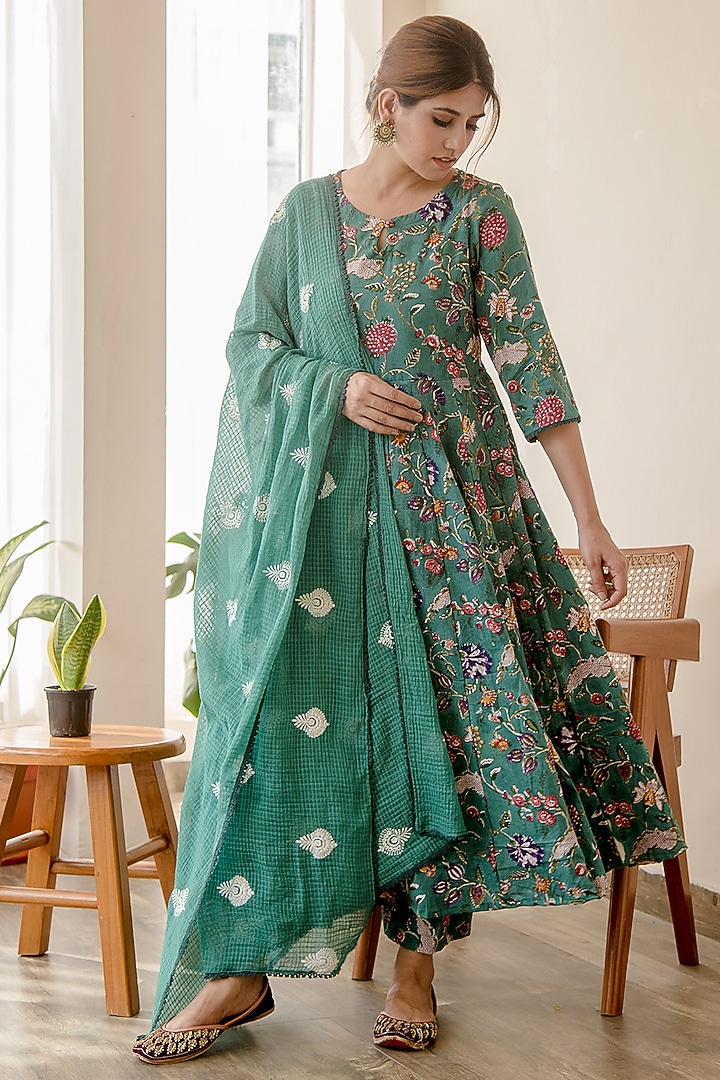 Emerald Green Cotton Printed Anarkali Set by GulaboJaipur by Saloni Panwar at Pernia's Pop Up Shop