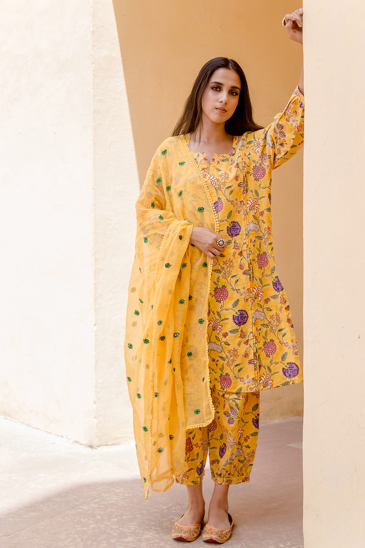 Yellow Block Printed Kurta Set by GulaboJaipur by Saloni Panwar at Pernia's Pop Up Shop