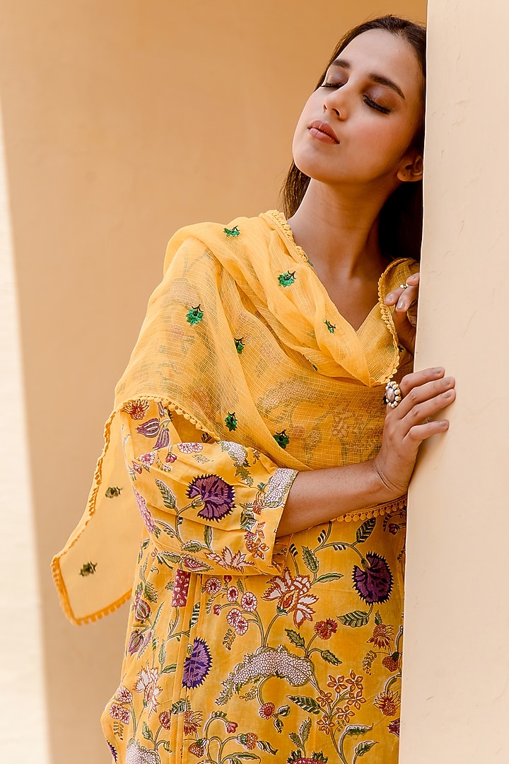 Yellow Block Printed Kurta Set by GulaboJaipur by Saloni Panwar at Pernia's Pop Up Shop