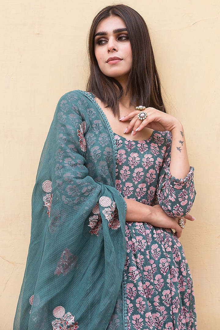 Green Handcrafted Anarkali Set by GulaboJaipur by Saloni Panwar at Pernia's Pop Up Shop