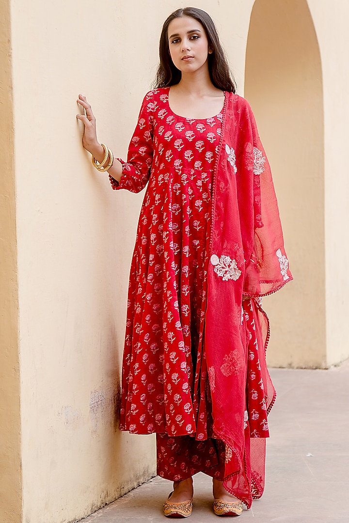 Red Handcrafted Printed Anarkali Set by GulaboJaipur by Saloni Panwar