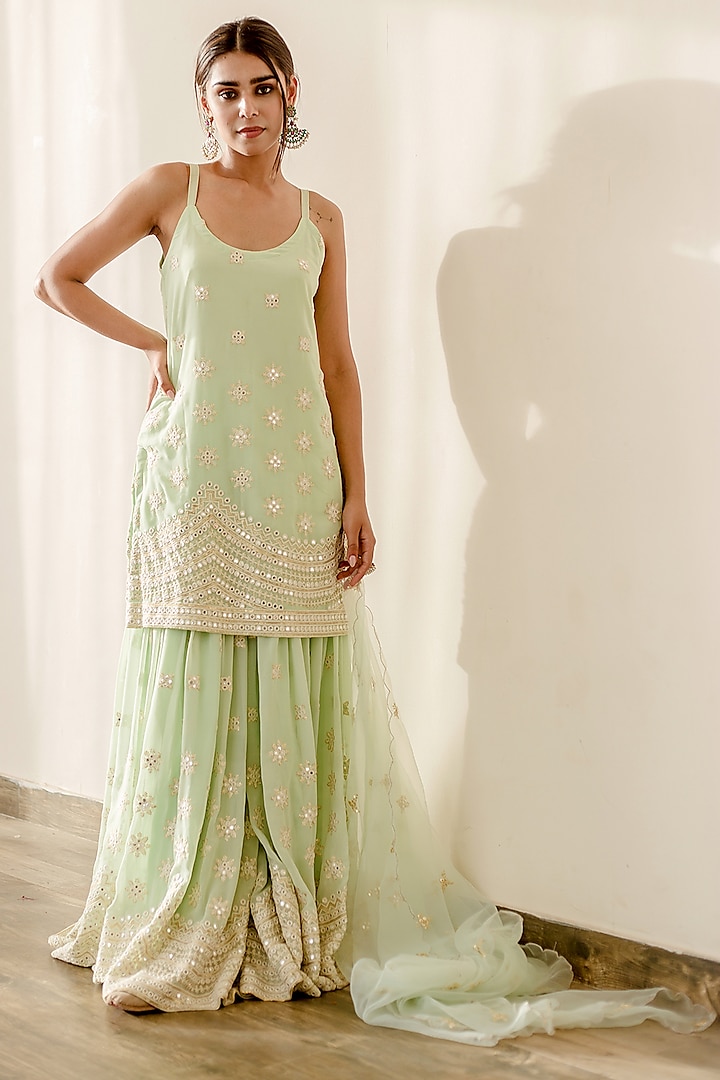 Pista Green Georgette Sharara Set by GulaboJaipur by Saloni Panwar