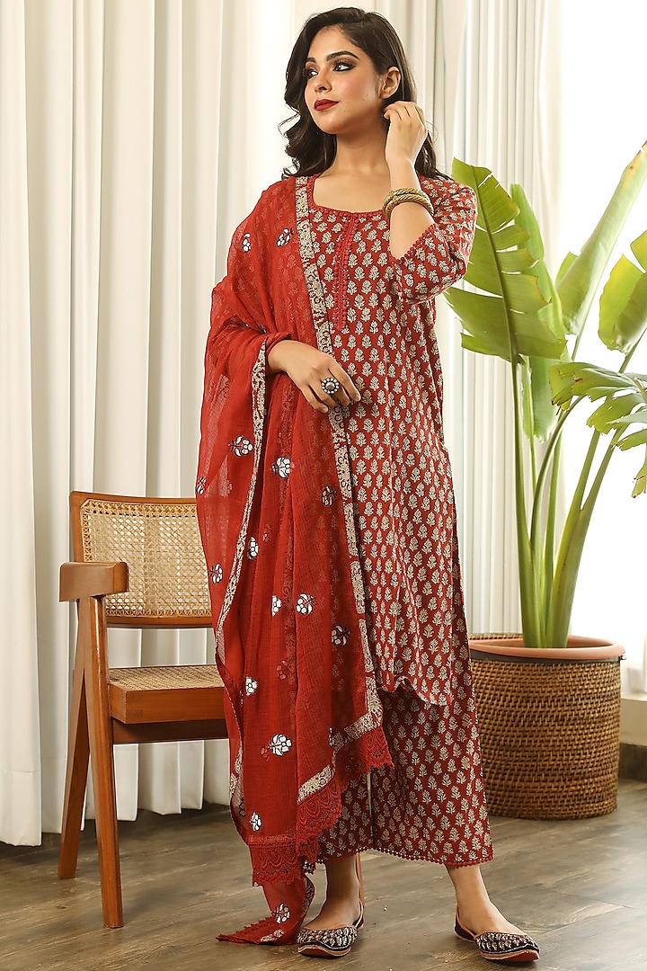 Red Hand Block Printed Kurta Set by GulaboJaipur by Saloni Panwar