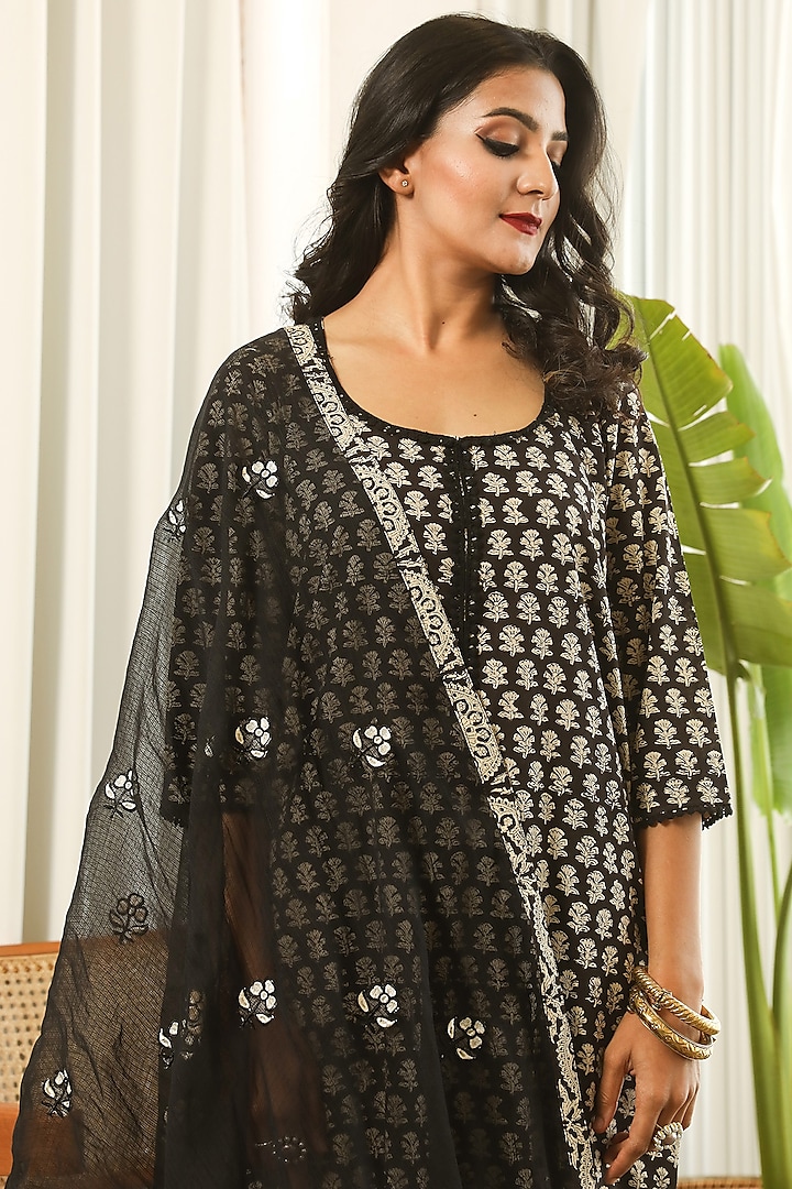 Black Hand Block Printed Kurta Set by GulaboJaipur by Saloni Panwar at Pernia's Pop Up Shop