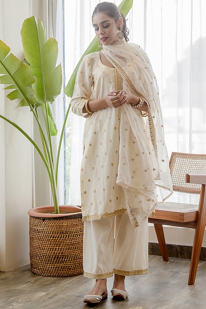 White Embroidered Handcrafted Kurta Set by GulaboJaipur by Saloni Panwar