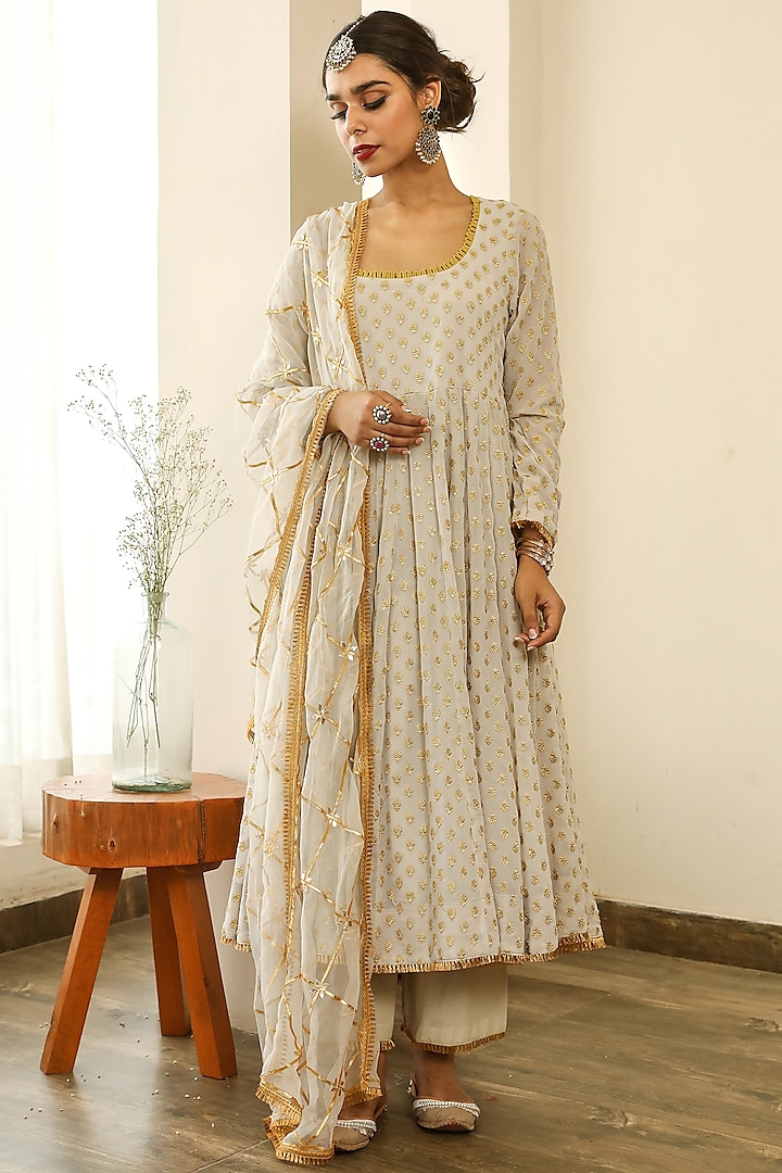 Grey Georgette Anarkali Set by GulaboJaipur by Saloni Panwar at Pernia's Pop Up Shop