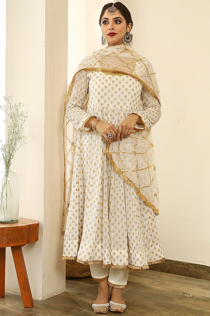 White Georgette Party Wear Anarkali Set by GulaboJaipur by Saloni Panwar at Pernia's Pop Up Shop
