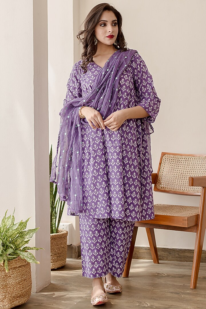 Purple Pure Cotton Handcrafted Straight Kurta Set by GulaboJaipur by Saloni Panwar at Pernia's Pop Up Shop