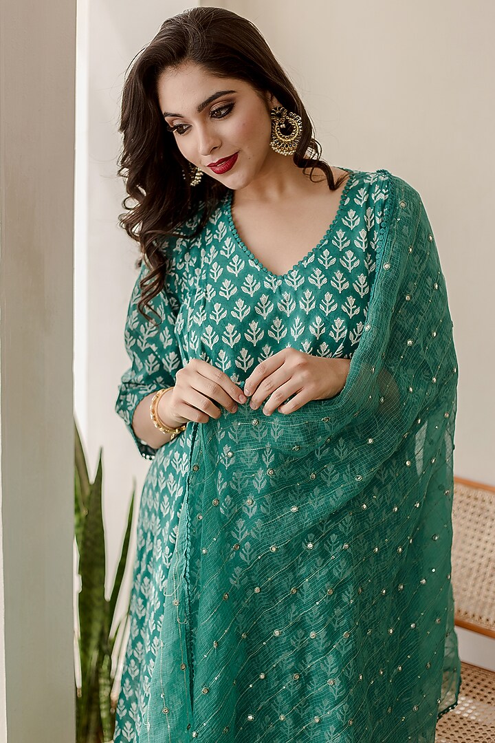 Teal Green Pure Cotton Handcrafted Straight Kurta Set by GulaboJaipur by Saloni Panwar at Pernia's Pop Up Shop