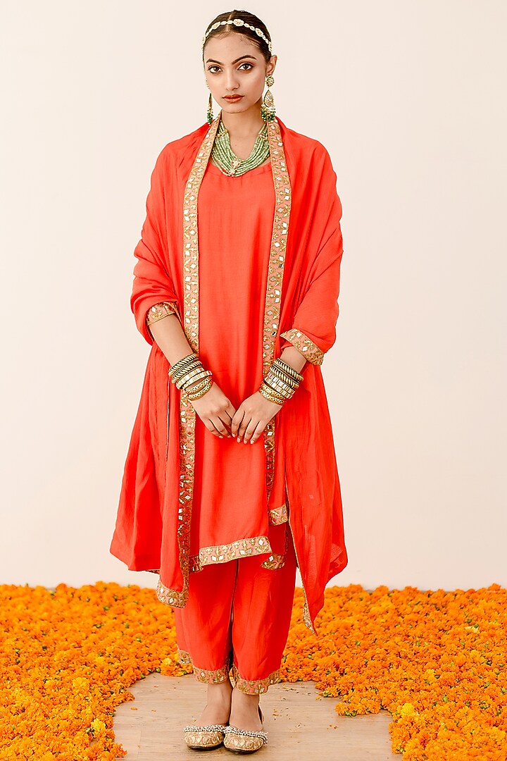 Orange Muslin Embroidered Handcrafted Kurta Set by GulaboJaipur by Saloni Panwar at Pernia's Pop Up Shop