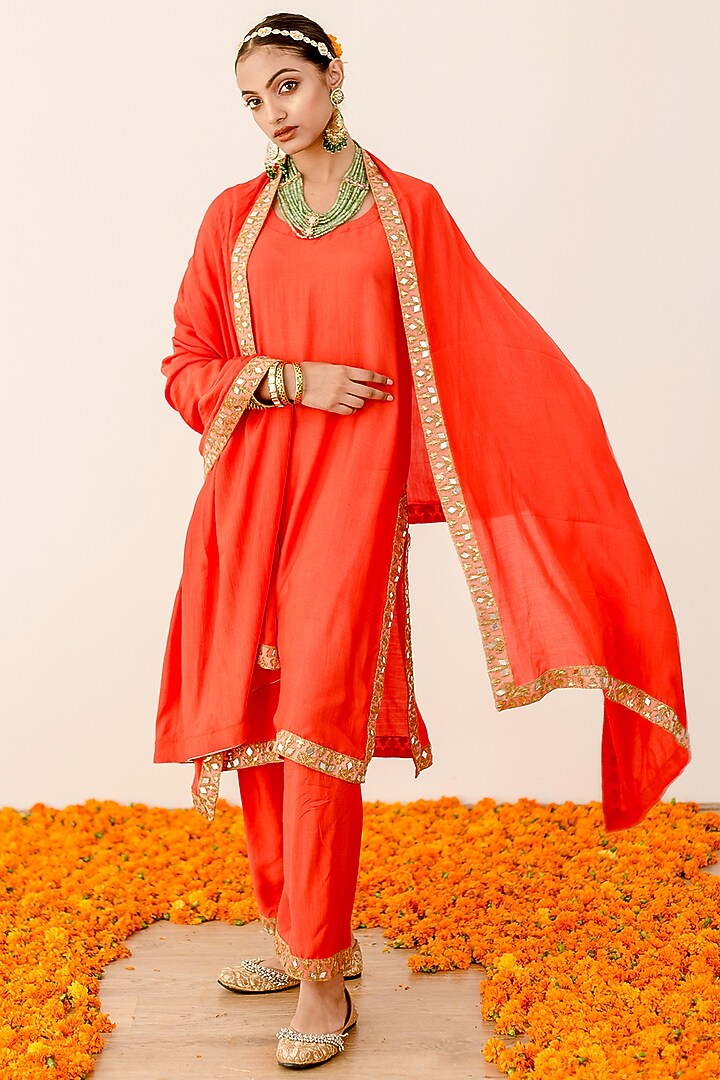 Orange Muslin Embroidered Handcrafted Kurta Set by GulaboJaipur by Saloni Panwar at Pernia's Pop Up Shop