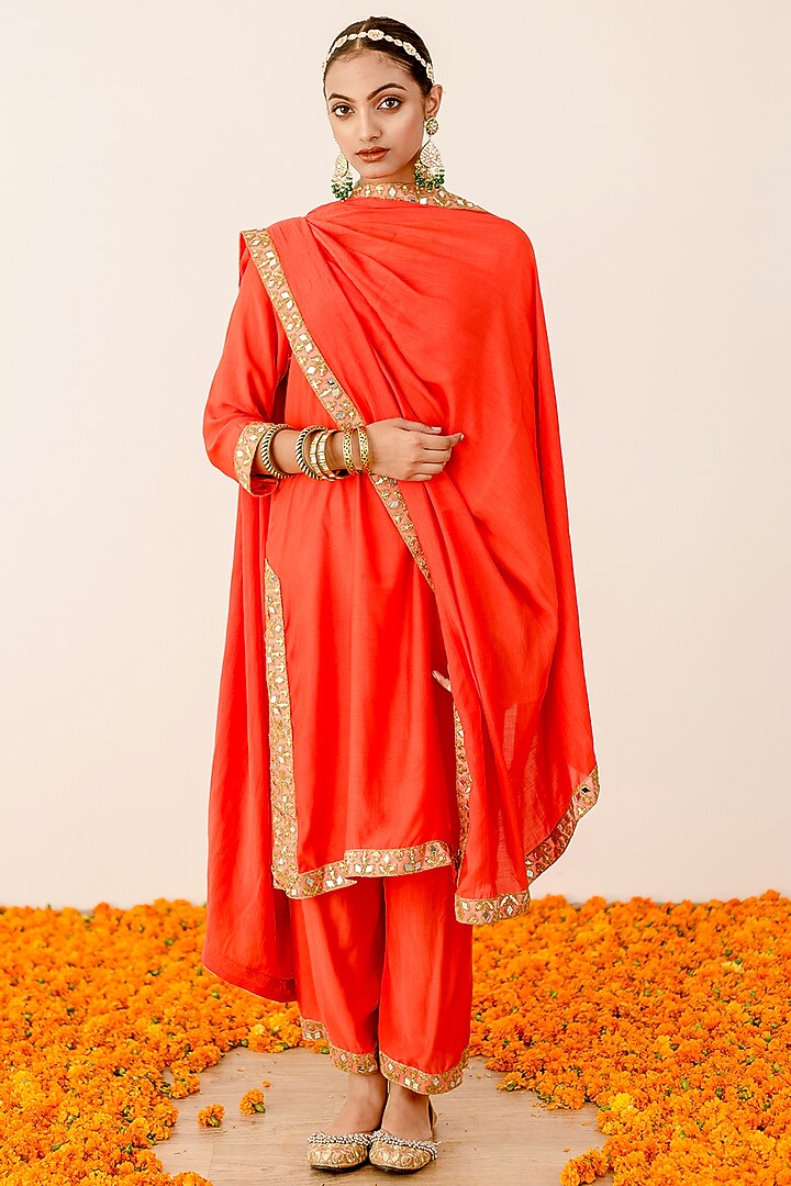 Orange Muslin Embroidered Handcrafted Kurta Set by GulaboJaipur by Saloni Panwar at Pernia's Pop Up Shop
