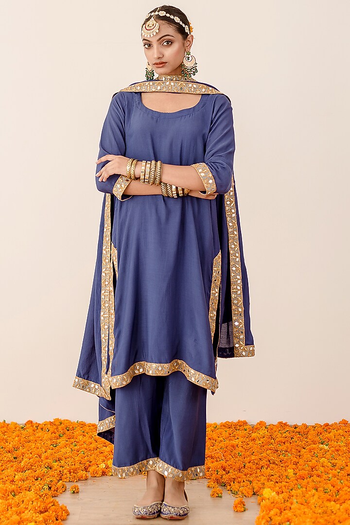 Blue Muslin Embroidered Handcrafted Kurta Set by GulaboJaipur by Saloni Panwar at Pernia's Pop Up Shop