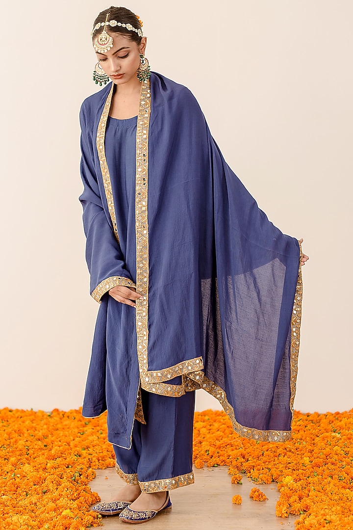 Blue Muslin Embroidered Handcrafted Kurta Set by GulaboJaipur by Saloni Panwar at Pernia's Pop Up Shop
