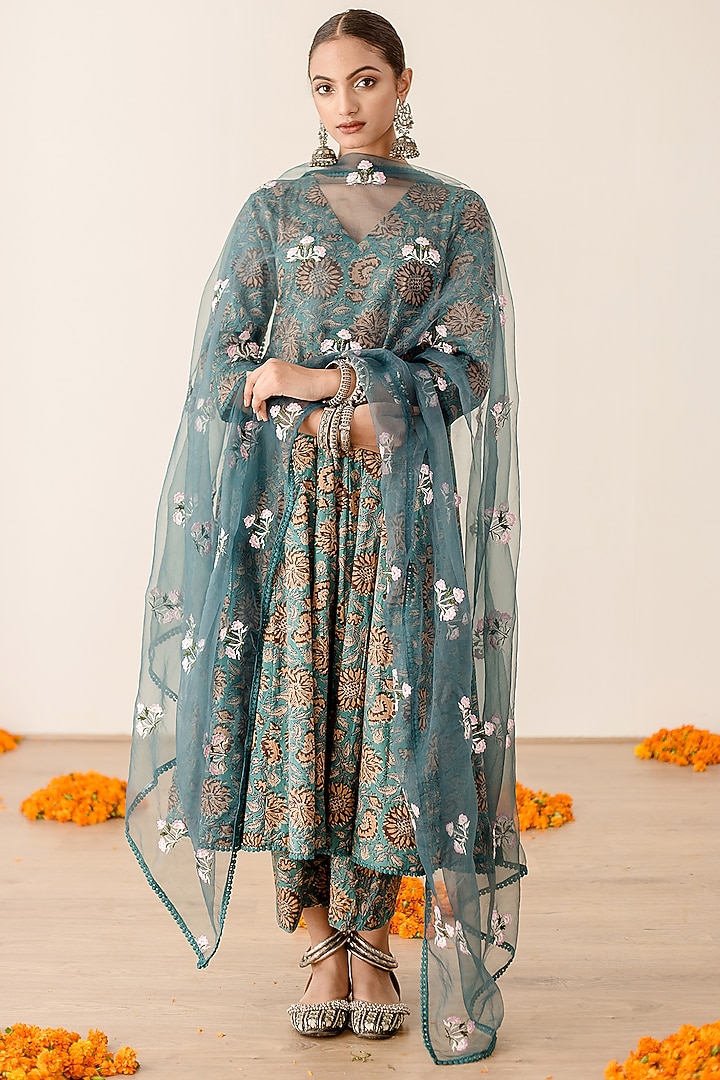 Green Cotton Printed Handcrafted Anarkali Set by GulaboJaipur by Saloni Panwar at Pernia's Pop Up Shop