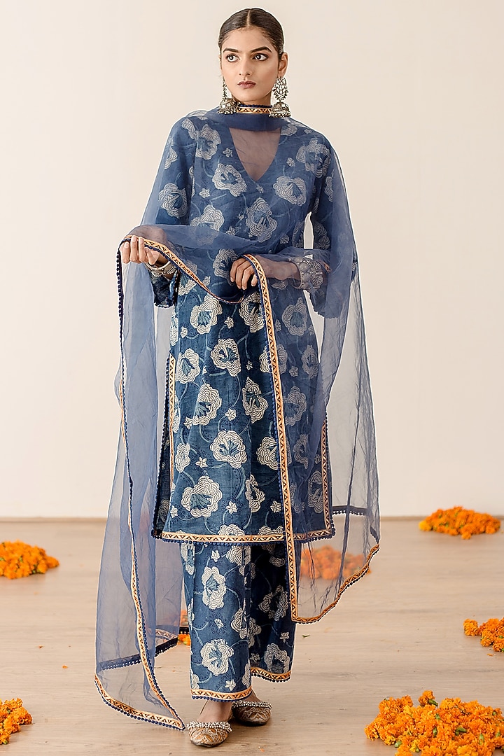 Blue Cotton Printed Handcrafted Kurta Set by GulaboJaipur by Saloni Panwar at Pernia's Pop Up Shop