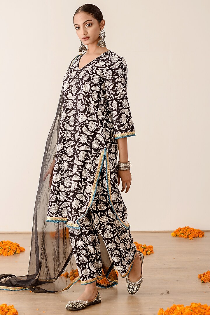 Black Cotton Printed Handcrafted Kurta Set by GulaboJaipur by Saloni Panwar at Pernia's Pop Up Shop