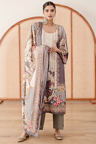 Grey Muslin Printed Handcrafted Kurta Set by GulaboJaipur by Saloni Panwar