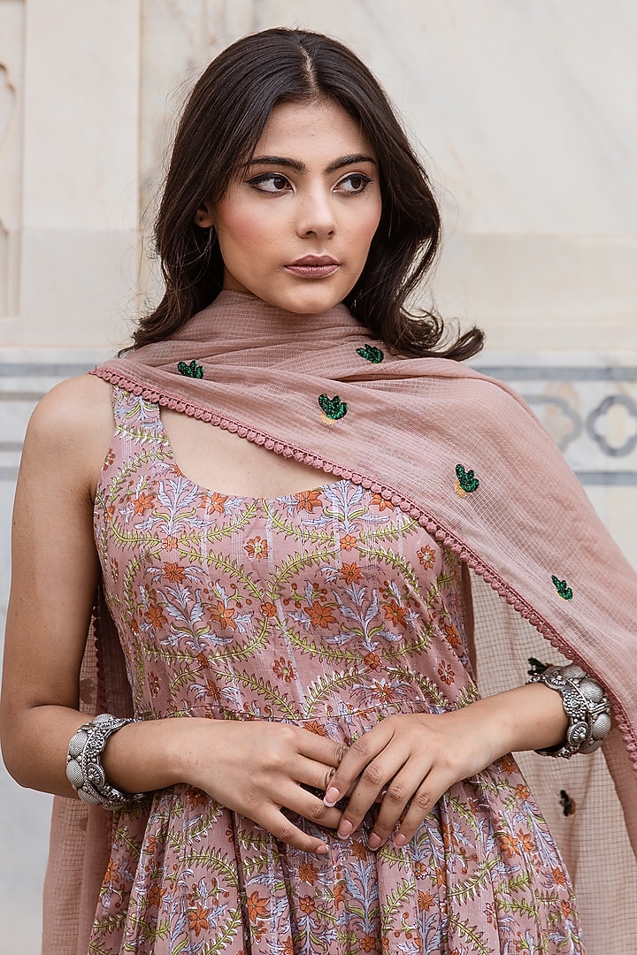 Old Rose Pink Lurex Cotton Anarkali Set by GulaboJaipur by Saloni Panwar at Pernia's Pop Up Shop