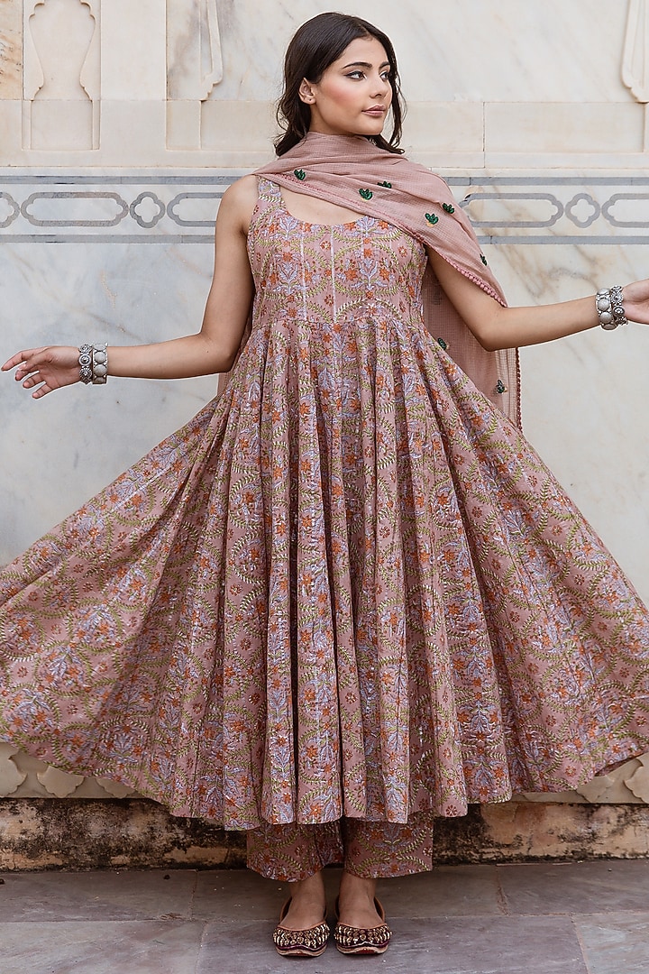 Old Rose Pink Lurex Cotton Anarkali Set by GulaboJaipur by Saloni Panwar at Pernia's Pop Up Shop