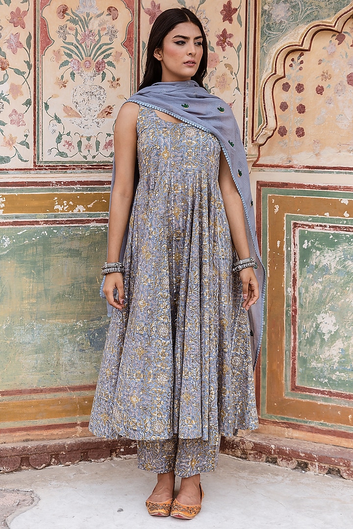 Bluish-Grey Lurex Cotton Anarkali Set by GulaboJaipur by Saloni Panwar at Pernia's Pop Up Shop