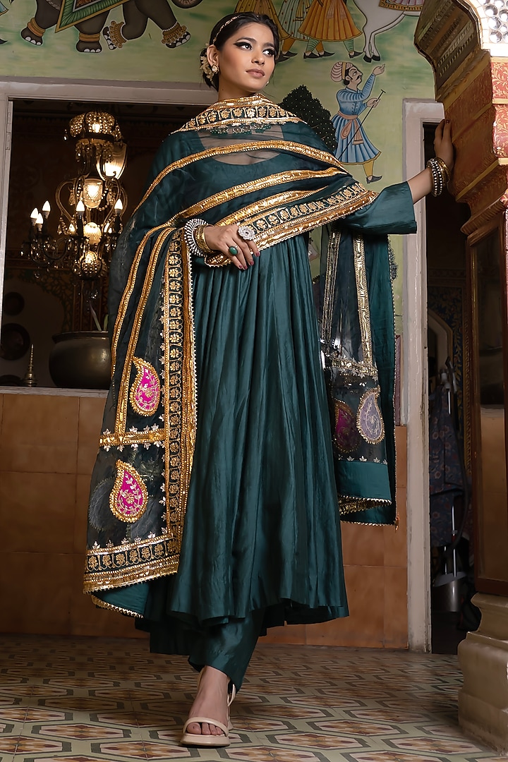 Green Chanderi Anarkali Set by GulaboJaipur by Saloni Panwar at Pernia's Pop Up Shop