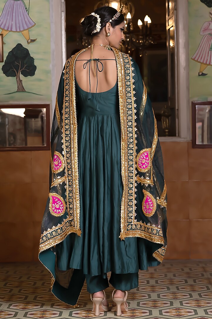 Green Chanderi Party Wear Anarkali Set by GulaboJaipur by Saloni Panwar at Pernia's Pop Up Shop