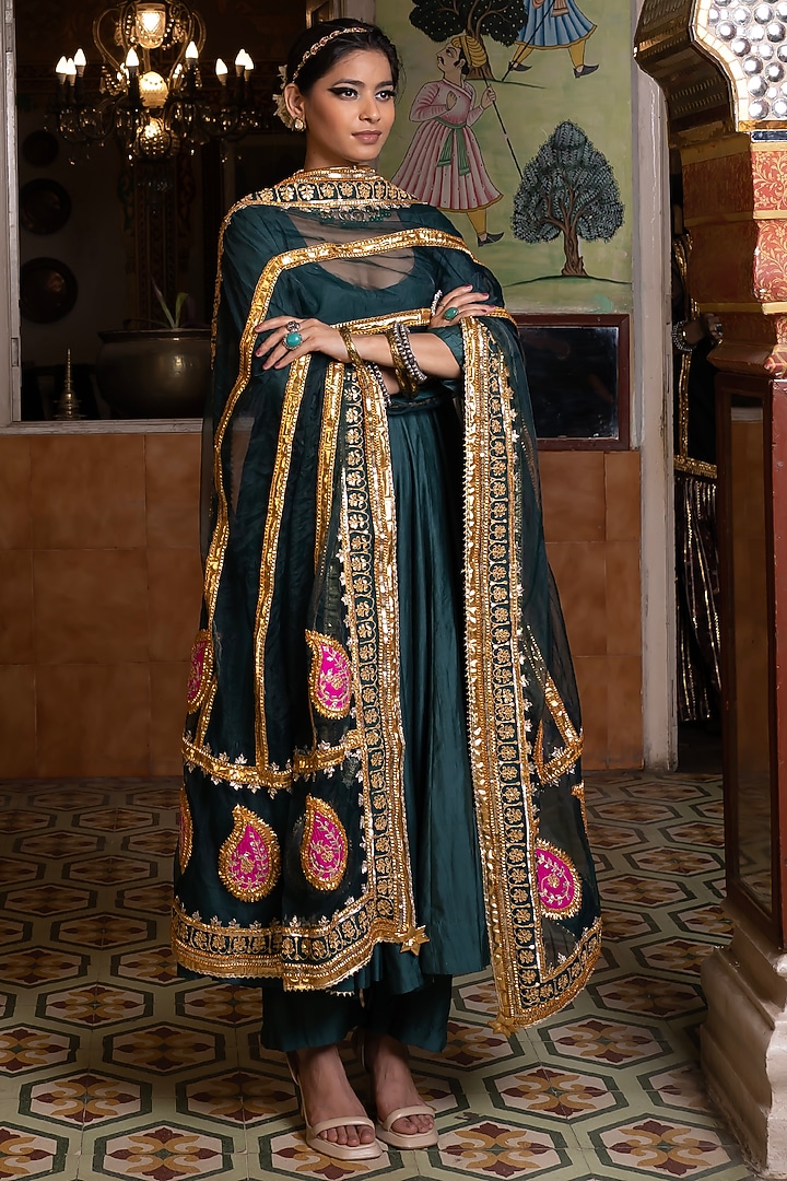 Green Chanderi Party Wear Anarkali Set by GulaboJaipur by Saloni Panwar at Pernia's Pop Up Shop