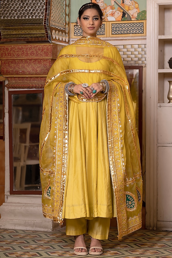 Yellow Chanderi Anarkali Set by GulaboJaipur by Saloni Panwar at Pernia's Pop Up Shop