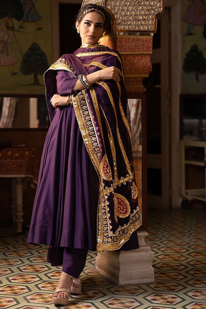 Purple Chanderi Party Wear Anarkali Set by GulaboJaipur by Saloni Panwar at Pernia's Pop Up Shop