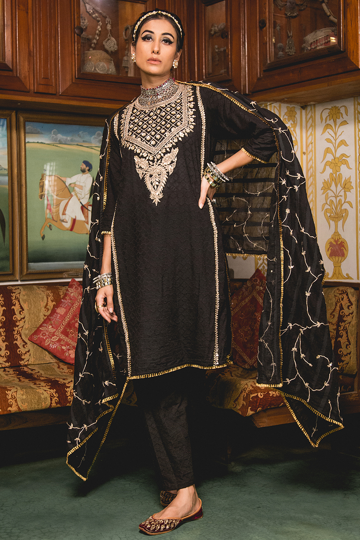 Black Cotton Embroidered Handcrafted Kurta Set by GulaboJaipur by Saloni Panwar at Pernia's Pop Up Shop