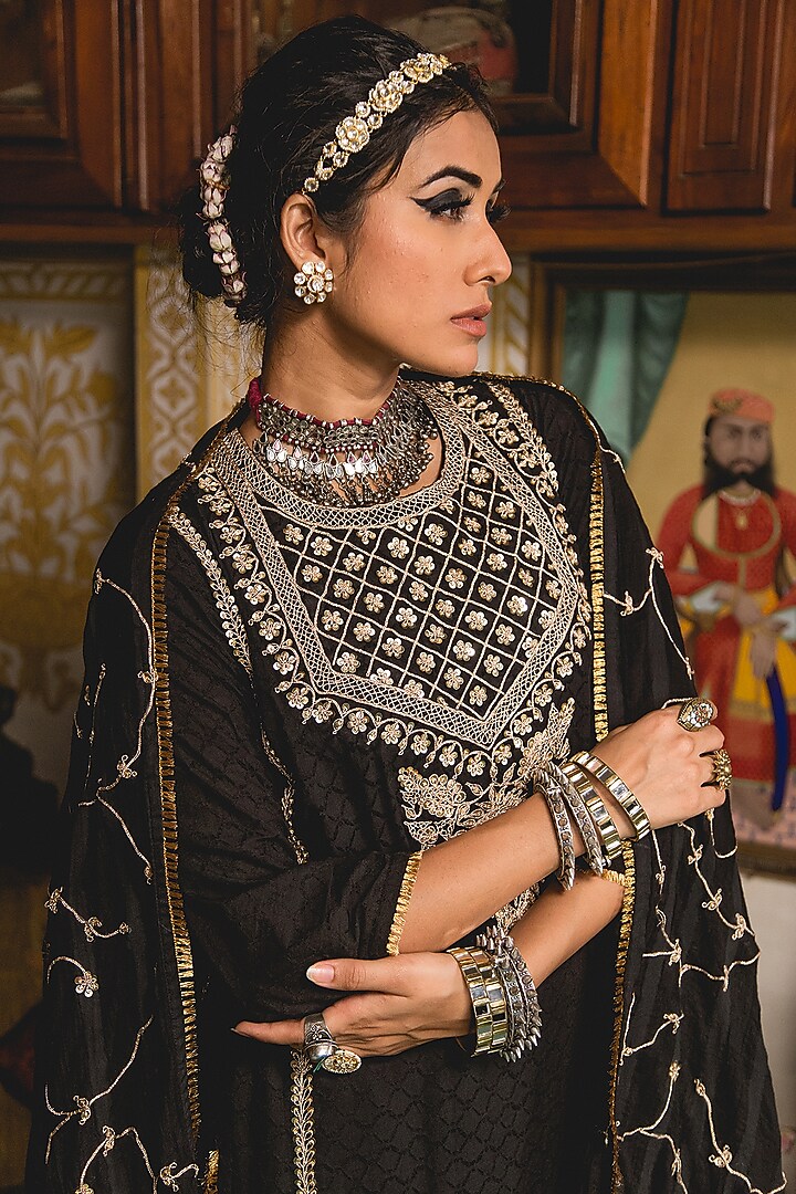 Black Cotton Embroidered Handcrafted Kurta Set by GulaboJaipur by Saloni Panwar at Pernia's Pop Up Shop