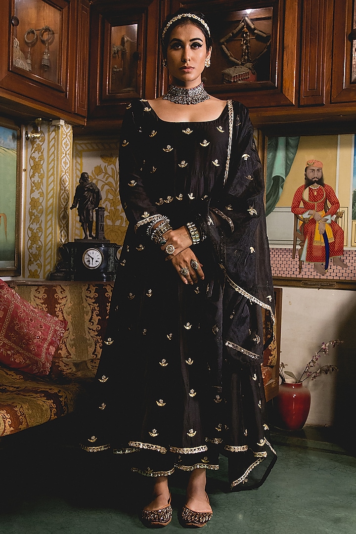 Black Muslin Embroidered Handcrafted Anarkali Set by GulaboJaipur by Saloni Panwar at Pernia's Pop Up Shop