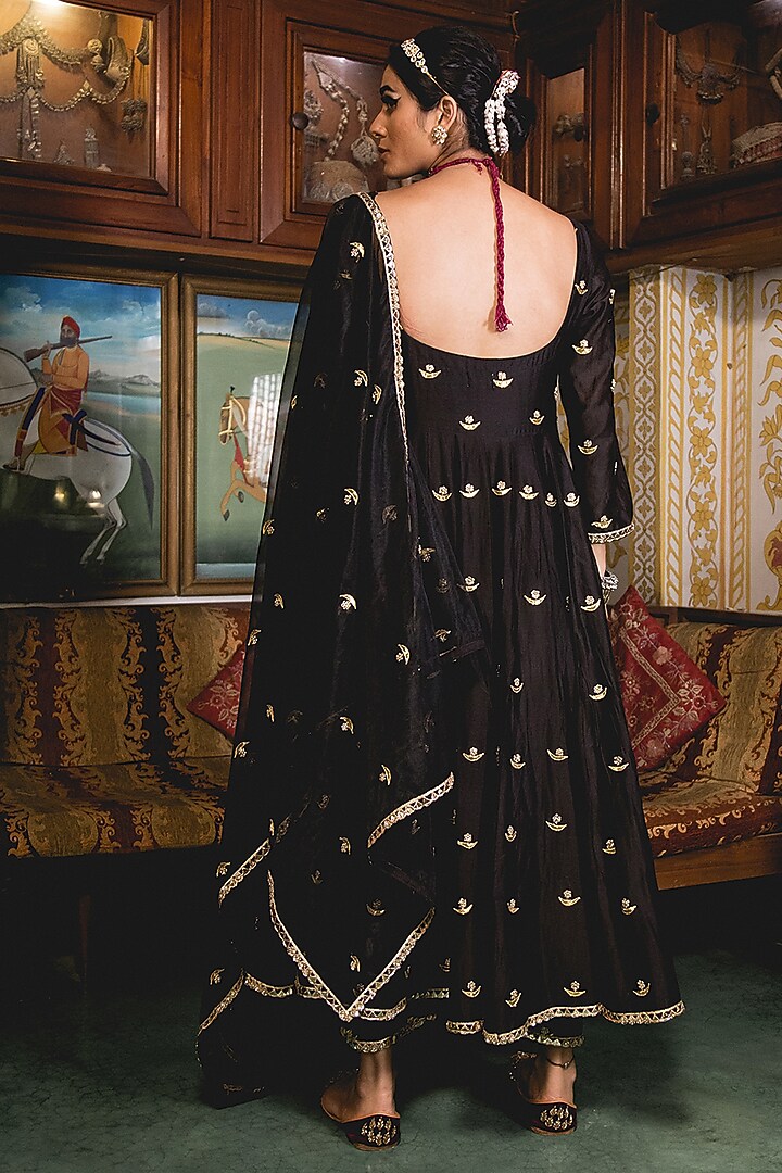 Black Muslin Embroidered Handcrafted Wedding Anarkali Set by GulaboJaipur by Saloni Panwar at Pernia's Pop Up Shop