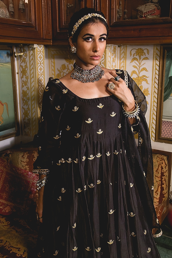 Black Muslin Embroidered Handcrafted Wedding Anarkali Set by GulaboJaipur by Saloni Panwar at Pernia's Pop Up Shop