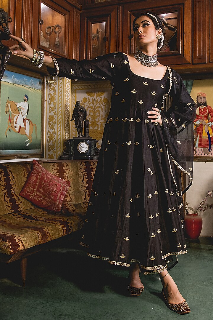 Black Muslin Embroidered Handcrafted Wedding Anarkali Set by GulaboJaipur by Saloni Panwar at Pernia's Pop Up Shop