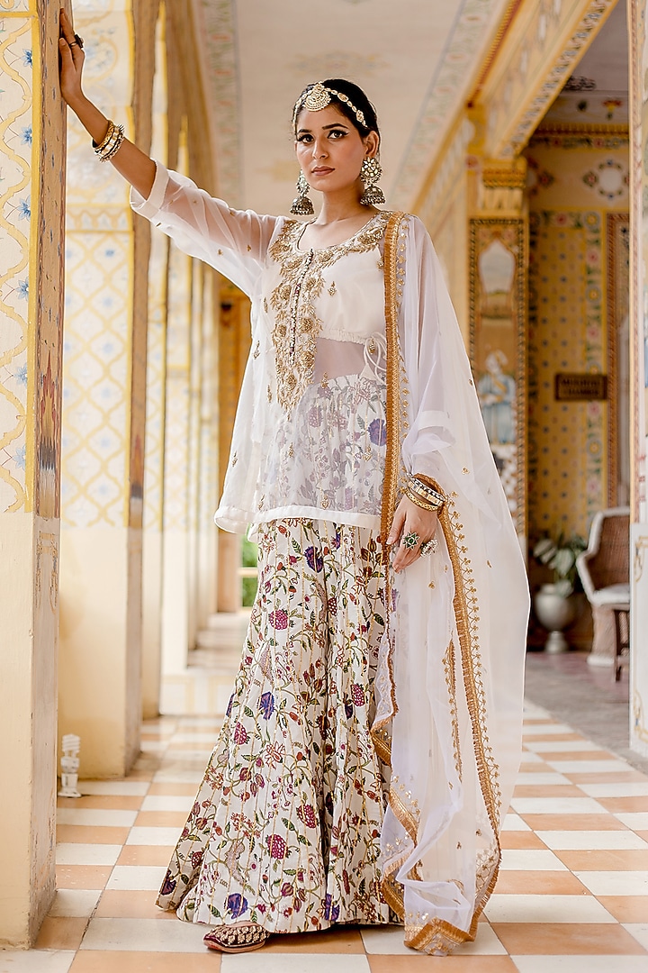 White Organza & Cotton Printed Wedding Sharara Set by GulaboJaipur by Saloni Panwar at Pernia's Pop Up Shop