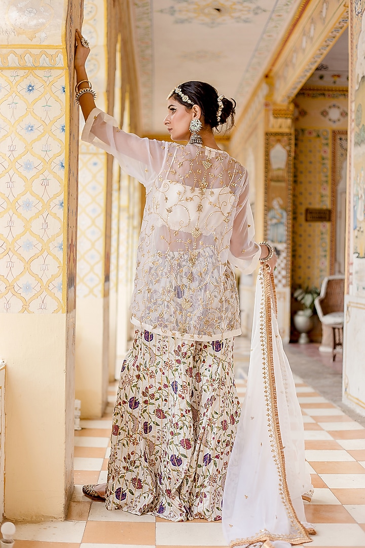 White Organza & Cotton Printed Wedding Sharara Set by GulaboJaipur by Saloni Panwar at Pernia's Pop Up Shop