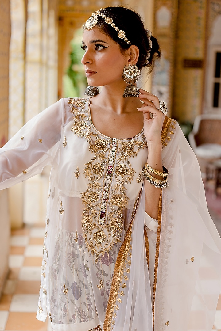 White Organza & Cotton Printed Wedding Sharara Set by GulaboJaipur by Saloni Panwar at Pernia's Pop Up Shop