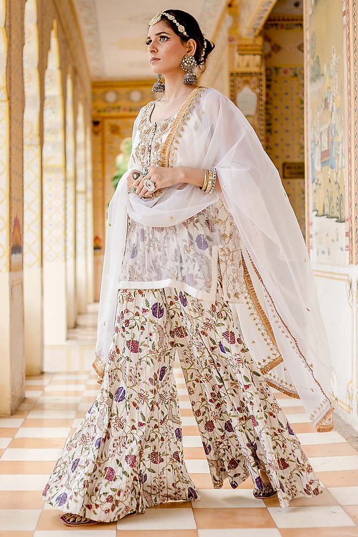 White Organza & Cotton Printed Wedding Sharara Set by GulaboJaipur by Saloni Panwar at Pernia's Pop Up Shop