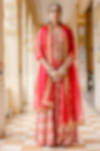Red Organza & Cotton Printed Wedding Sharara Set by GulaboJaipur by Saloni Panwar at Pernia's Pop Up Shop
