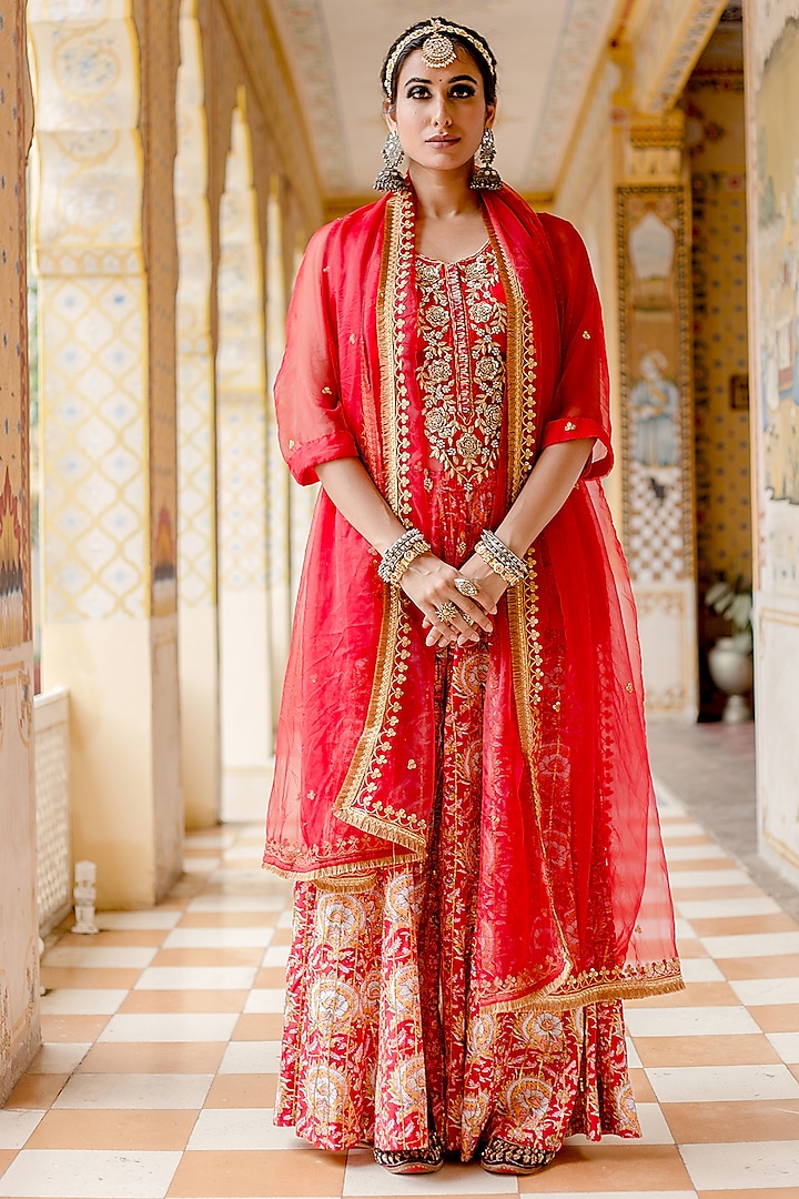 Red Organza & Cotton Printed Wedding Sharara Set by GulaboJaipur by Saloni Panwar at Pernia's Pop Up Shop