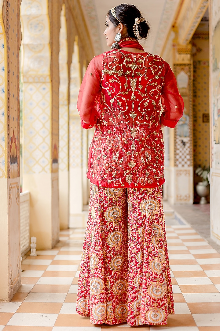Red Organza & Cotton Printed Wedding Sharara Set by GulaboJaipur by Saloni Panwar at Pernia's Pop Up Shop
