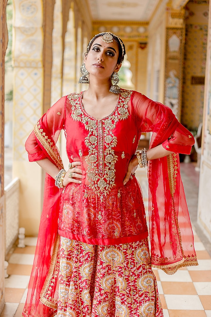 Red Organza & Cotton Printed Wedding Sharara Set by GulaboJaipur by Saloni Panwar at Pernia's Pop Up Shop