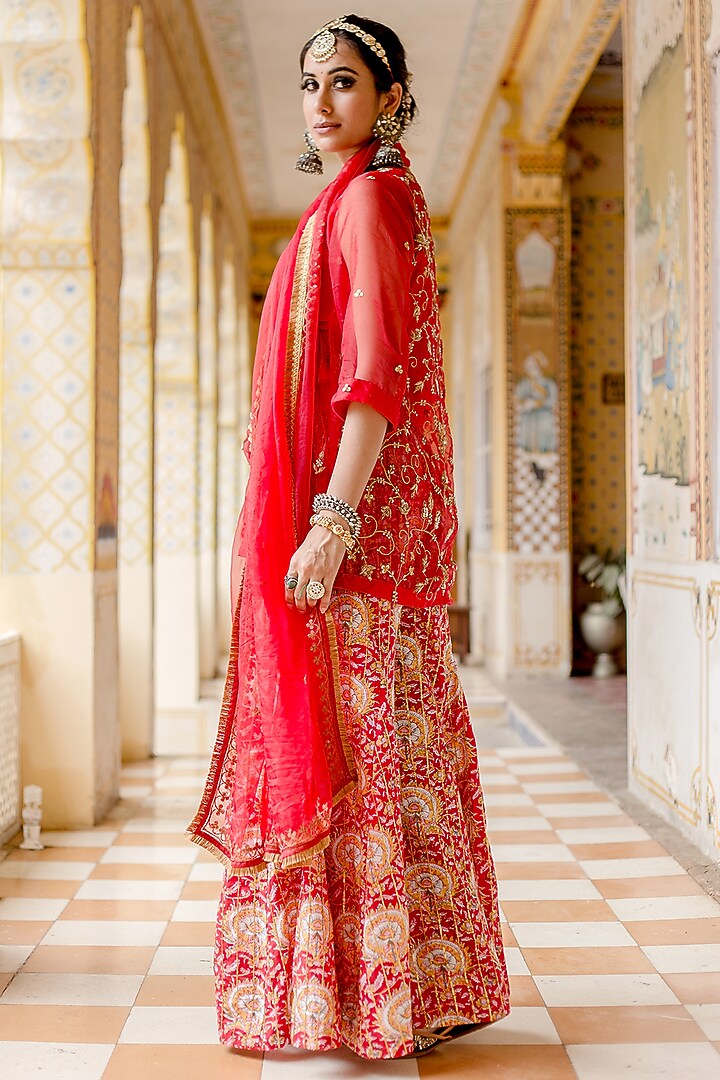 Red Organza & Cotton Printed Wedding Sharara Set by GulaboJaipur by Saloni Panwar at Pernia's Pop Up Shop