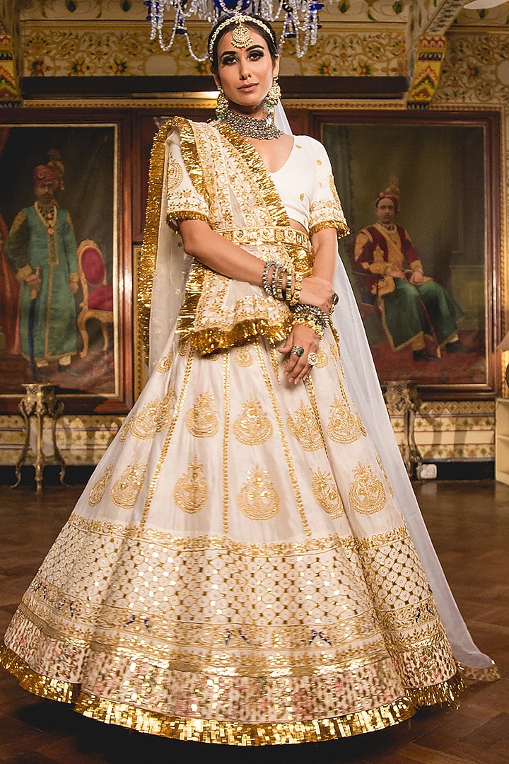 Ivory Muslin Embroidered Handcrafted Bridal Lehenga Set by GulaboJaipur by Saloni Panwar at Pernia's Pop Up Shop