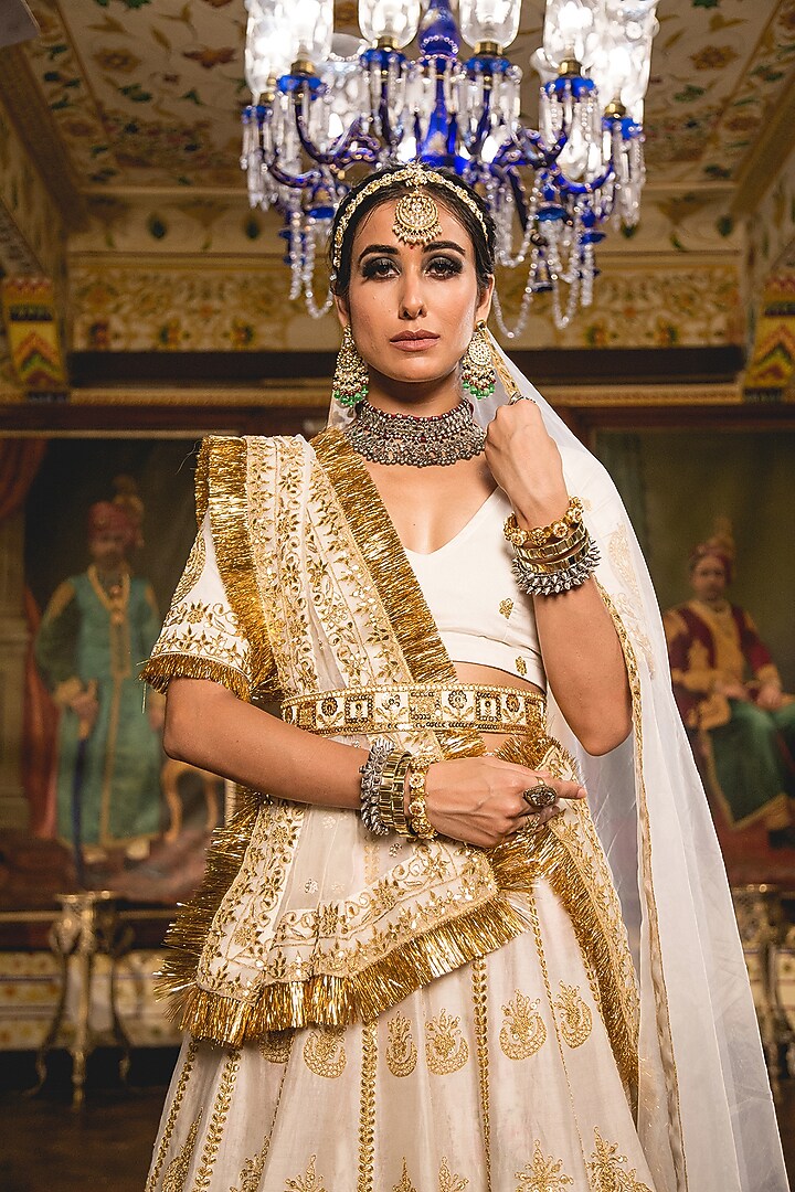Ivory Muslin Embroidered Handcrafted Bridal Lehenga Set by GulaboJaipur by Saloni Panwar at Pernia's Pop Up Shop
