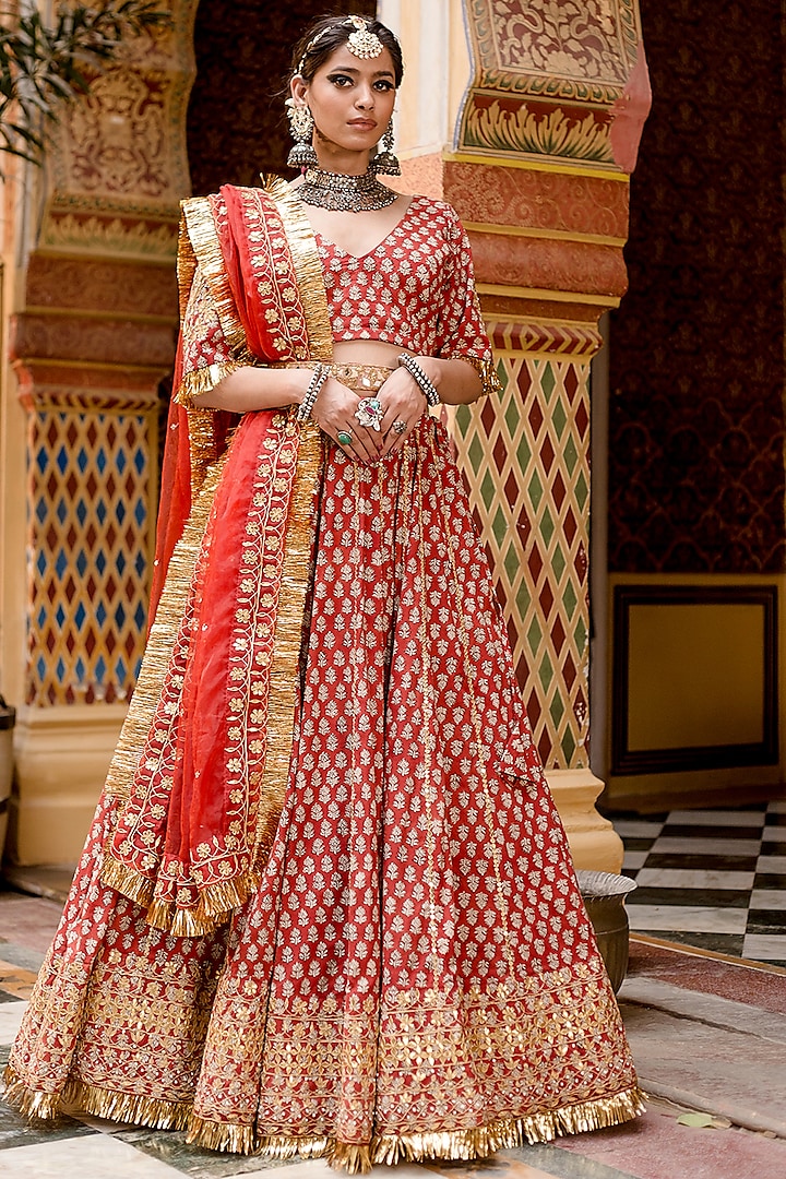 Red Cotton Block Printed Handcrafted Wedding Lehenga Set by GulaboJaipur by Saloni Panwar at Pernia's Pop Up Shop