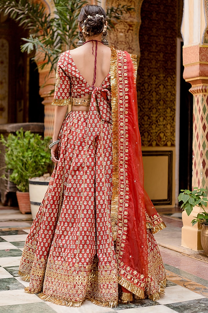 Red Cotton Block Printed Handcrafted Wedding Lehenga Set by GulaboJaipur by Saloni Panwar at Pernia's Pop Up Shop