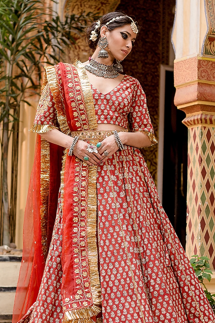 Red Cotton Block Printed Handcrafted Wedding Lehenga Set by GulaboJaipur by Saloni Panwar at Pernia's Pop Up Shop